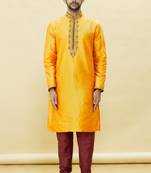 Yellow embroidered art silk kurta-pajama