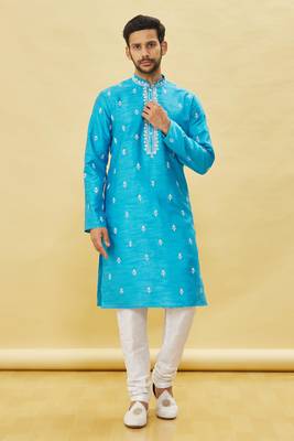 Blue embroidered art silk kurta-pajama 2