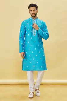 Blue embroidered art silk kurta-pajama