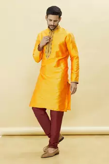 Yellow embroidered art silk kurta-pajama
