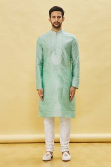 Green embroidered art silk kurta-pajama