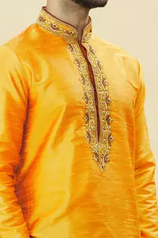 Yellow embroidered art silk kurta-pajama