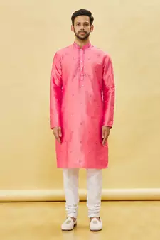Pink embroidered art silk kurta-pajama
