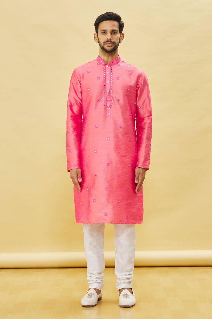 Pink embroidered art silk kurta-pajama