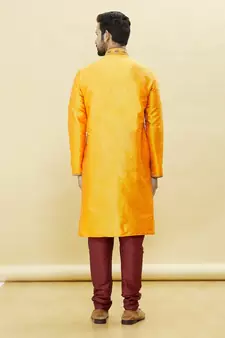 Yellow embroidered art silk kurta-pajama