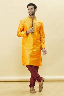Yellow embroidered art silk kurta-pajama 5
