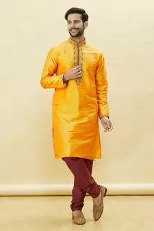 Yellow embroidered art silk kurta-pajama