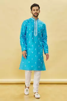 Blue embroidered art silk kurta-pajama