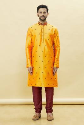 Yellow embroidered art silk kurta-pajama 1