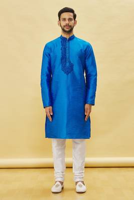 Blue embroidered art silk kurta-pajama 1