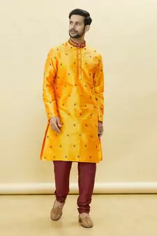 Yellow embroidered art silk kurta-pajama
