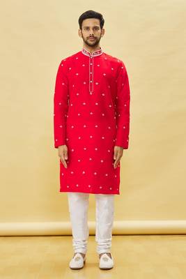 Red embroidered art silk kurta-pajama 1