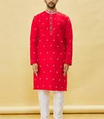 Red embroidered art silk kurta-pajama