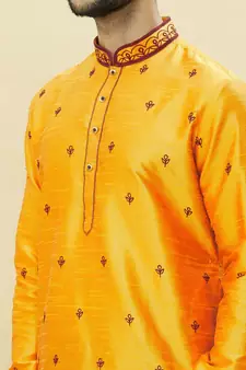 Yellow embroidered art silk kurta-pajama