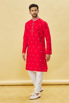 Red embroidered art silk kurta-pajama 2