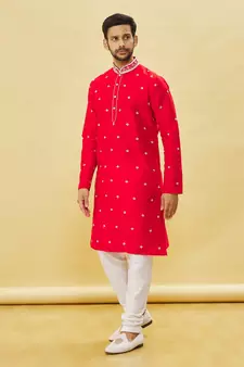 Red embroidered art silk kurta-pajama