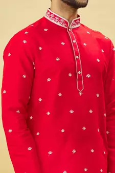 Red embroidered art silk kurta-pajama