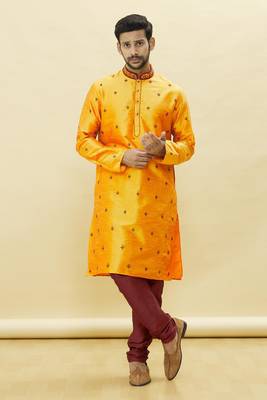 Yellow embroidered art silk kurta-pajama 5