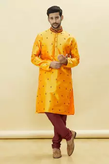 Yellow embroidered art silk kurta-pajama