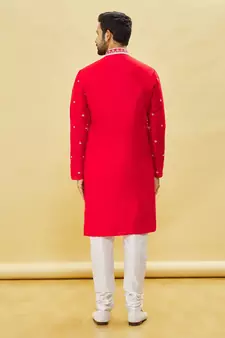 Red embroidered art silk kurta-pajama