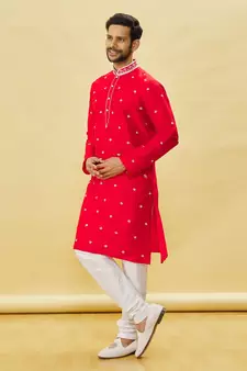 Red embroidered art silk kurta-pajama