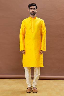 Yellow embroidered art silk kurta-pajama 1