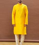 Yellow embroidered art silk kurta-pajama