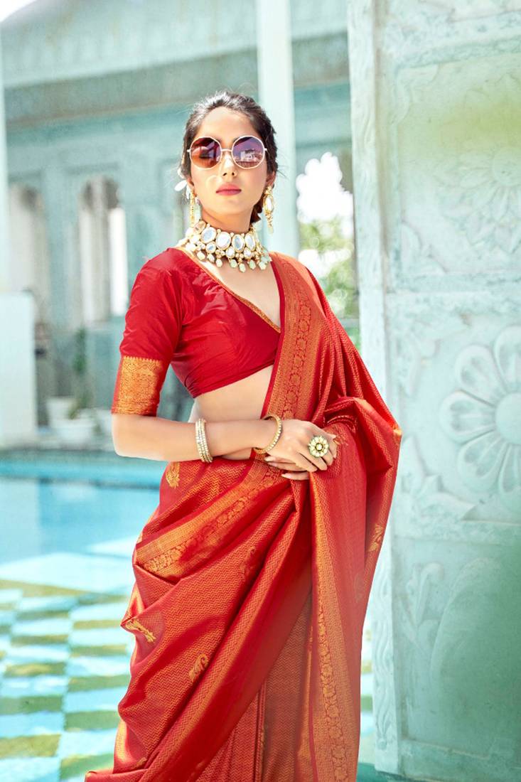 Red Kanjivaram Saree With Jewellery Cherry Red Kanjivaram Saree