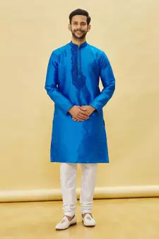Blue embroidered art silk kurta-pajama