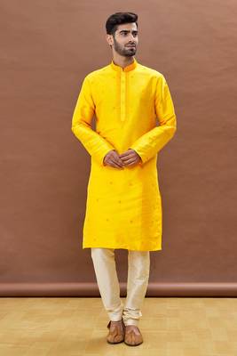 Yellow embroidered art silk kurta-pajama 2