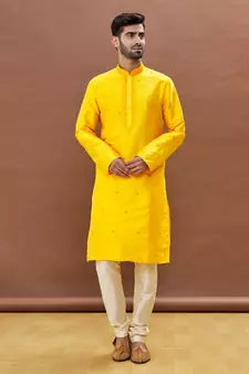Yellow embroidered art silk kurta-pajama