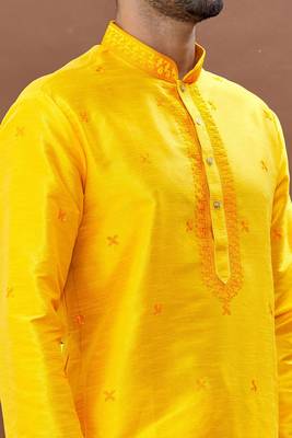 Yellow embroidered art silk kurta-pajama 3