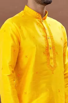 Yellow embroidered art silk kurta-pajama