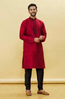 Maroon embroidered art silk kurta-pajama