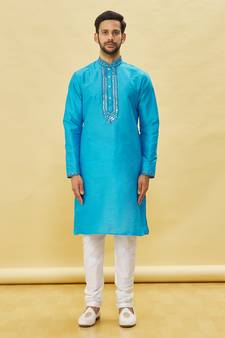 Blue embroidered art silk kurta-pajama