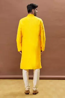 Yellow embroidered art silk kurta-pajama