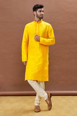 Yellow embroidered art silk kurta-pajama 5