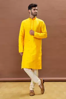 Yellow embroidered art silk kurta-pajama