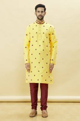 Yellow embroidered art silk kurta-pajama 1