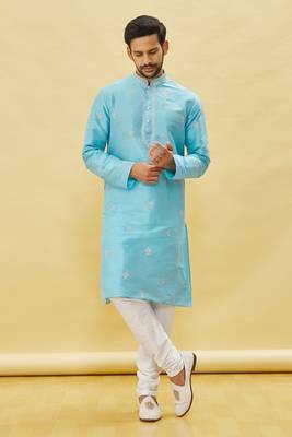 Blue embroidered art silk kurta-pajama 5