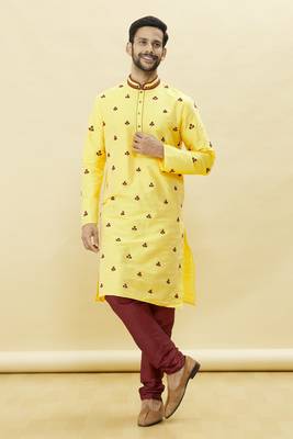 Yellow embroidered art silk kurta-pajama 2