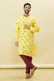 Yellow embroidered art silk kurta-pajama