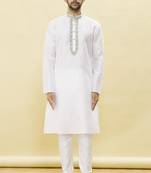 White embroidered art silk kurta-pajama