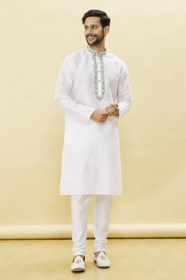 White embroidered art silk kurta-pajama 2