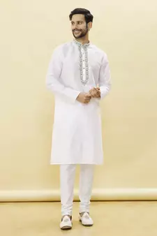 White embroidered art silk kurta-pajama