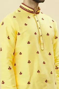 Yellow embroidered art silk kurta-pajama