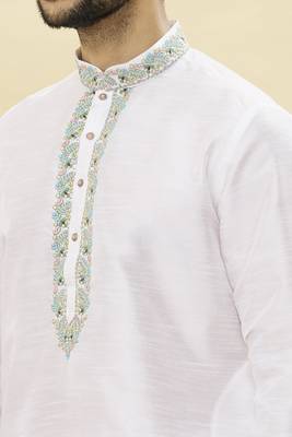 White embroidered art silk kurta-pajama 3