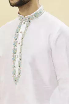 White embroidered art silk kurta-pajama