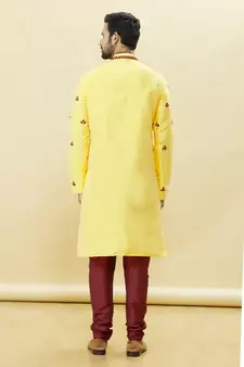 Yellow embroidered art silk kurta-pajama