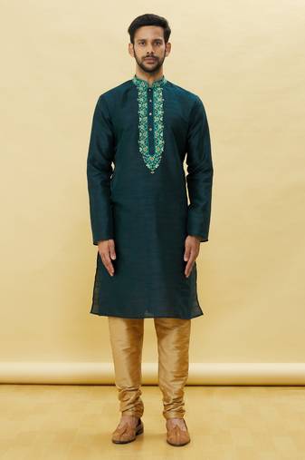 Green embroidered art silk kurta-pajama